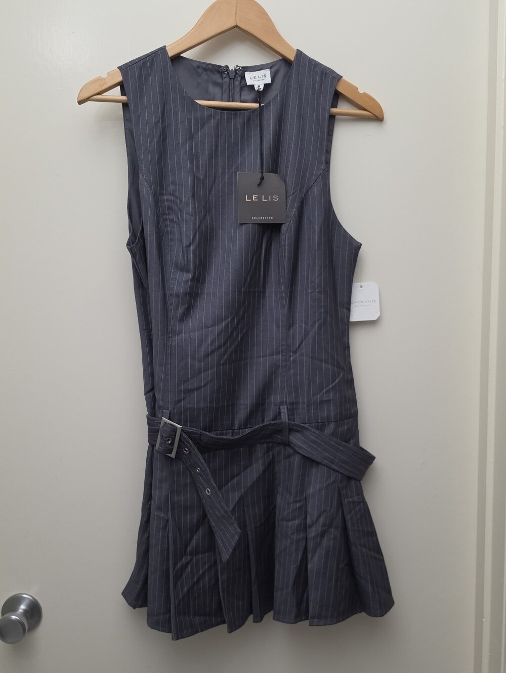 NWT Altar'd State Le Lis Gray Pinstripe Sleeveless Belted Mini Suit Dress